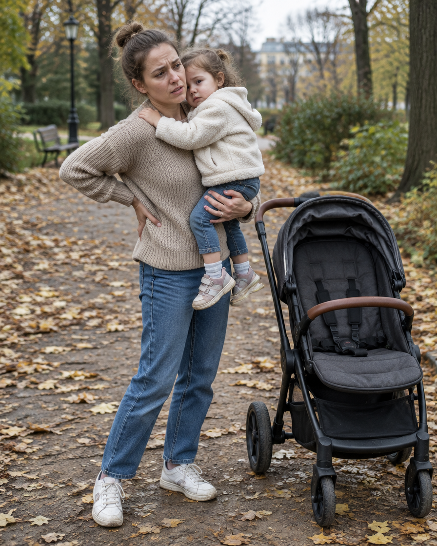Mama niesie malucha na rękach i trzyma się za plecy